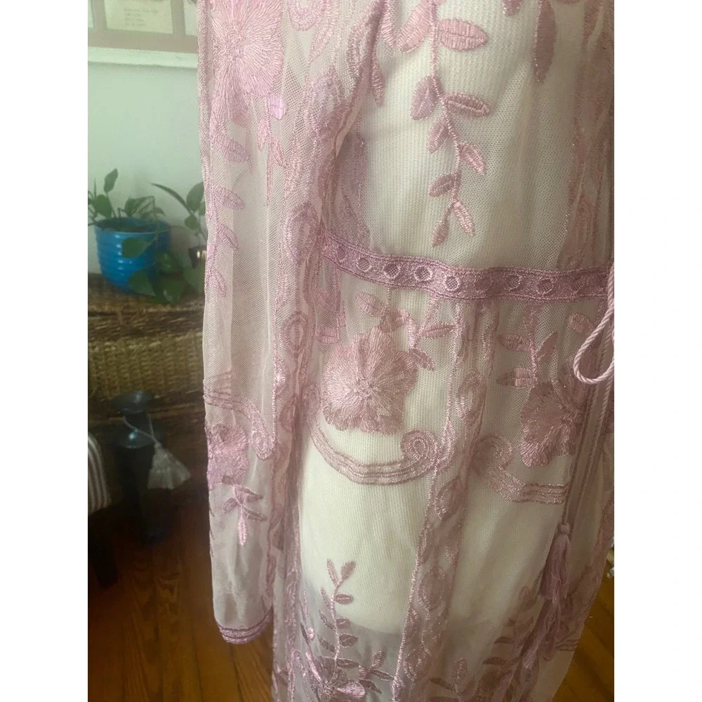 Haute Monde‎ swim coverup Sz S  Mesh pink embroidery Sheer Tassel Tie Kimono